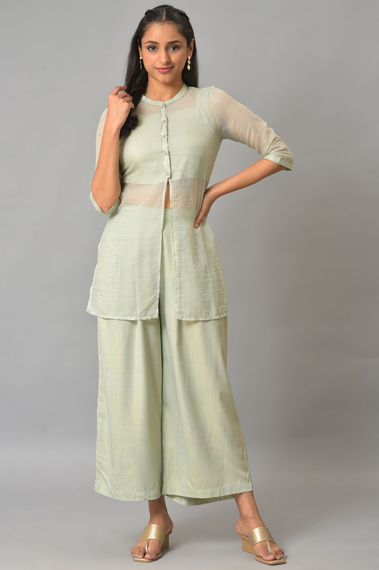 Plus Size Light Blue Kota Jacket With Crop-Top And Box Pants
