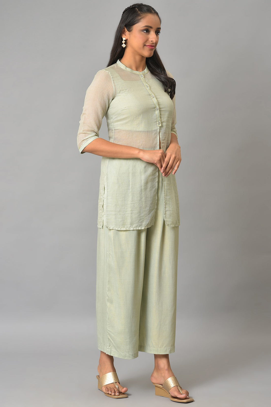 Light Blue Kota Jacket With Crop-Top And Box Pants