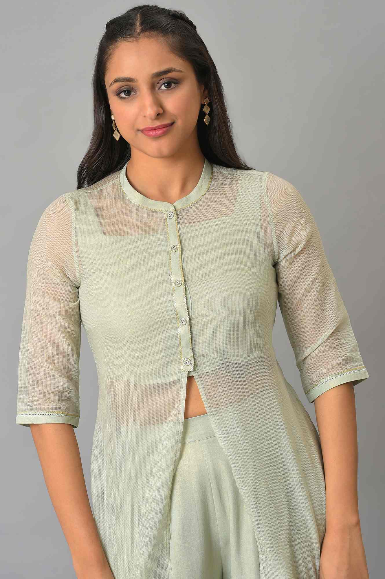 Plus Size Light Blue Kota Jacket With Crop-Top And Box Pants