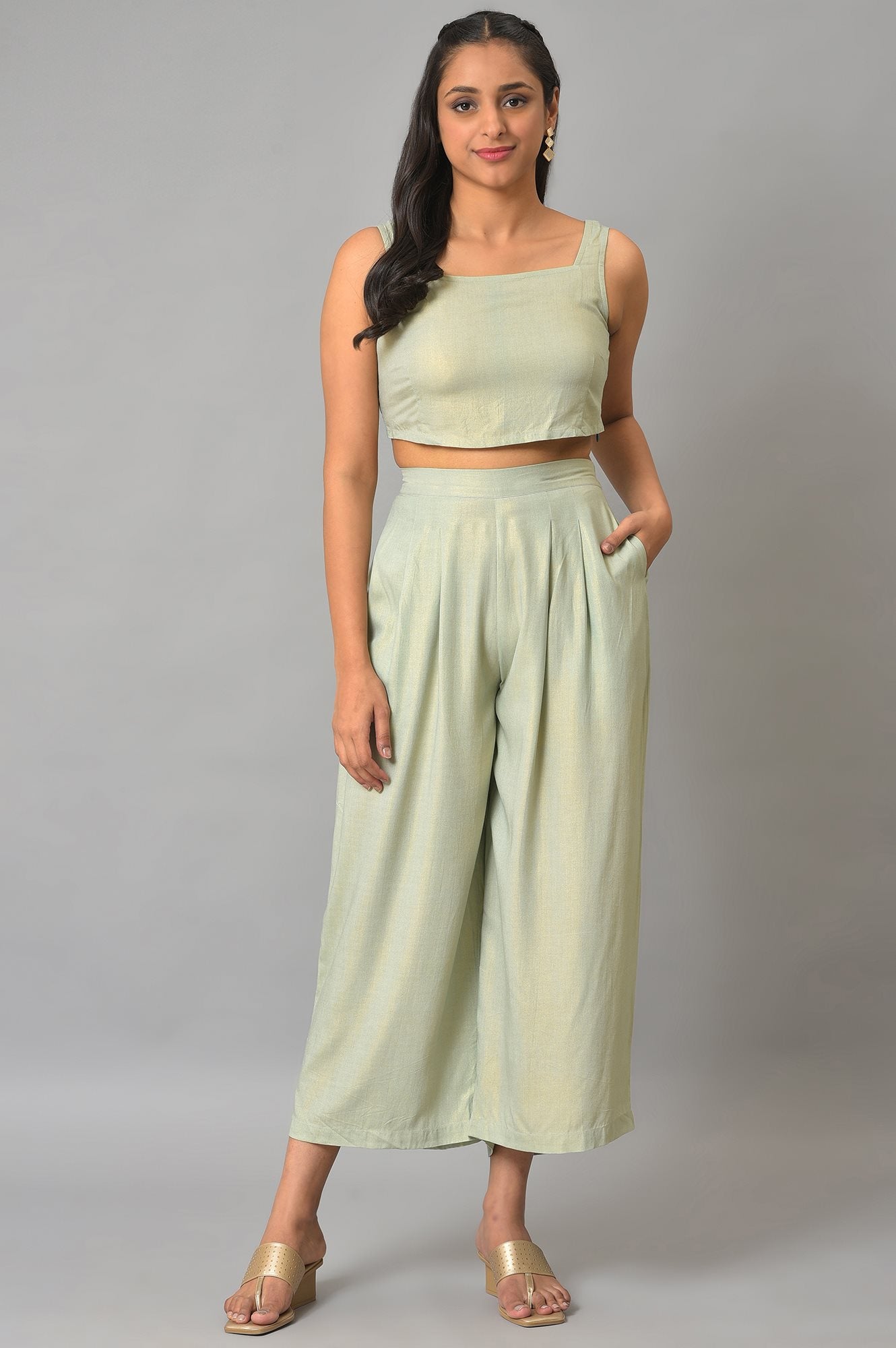 Plus Size Light Blue Kota Jacket With Crop-Top And Box Pants