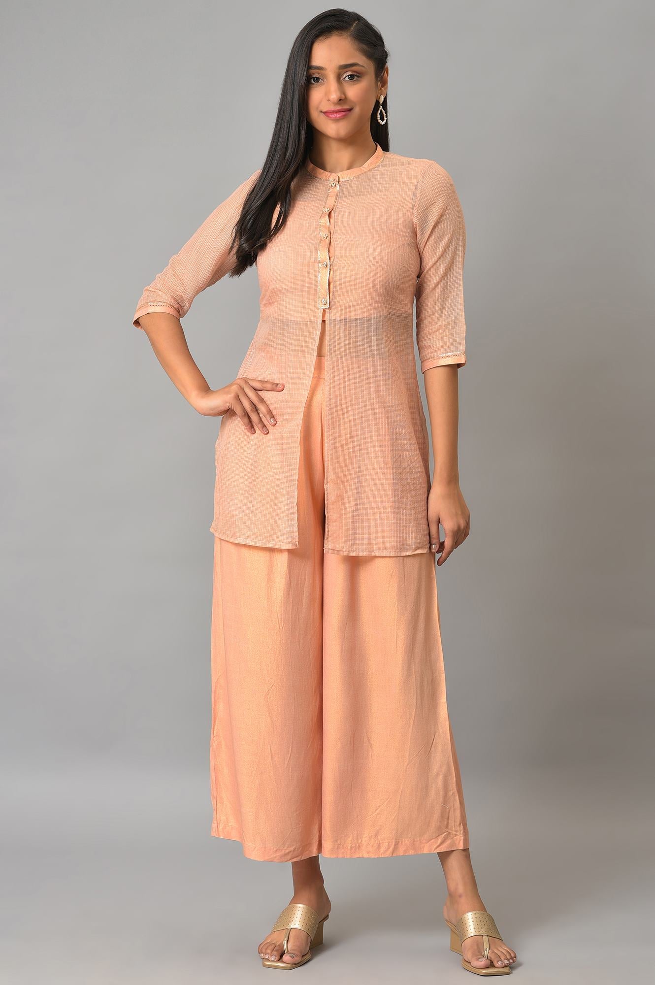 Plus Size Peach Kota Jacket With Crop-Top And Box Pants