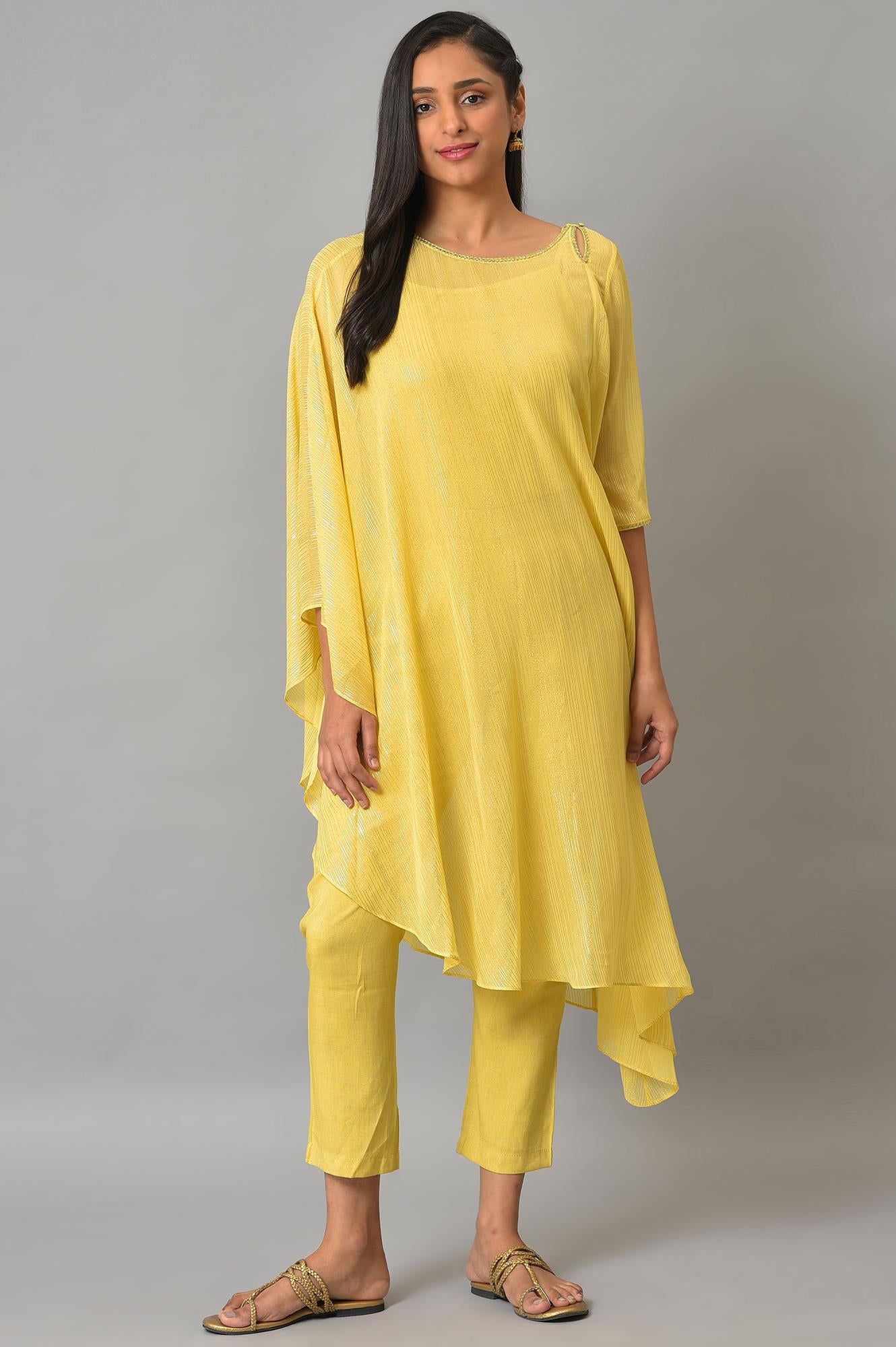 Yellow Assymetric kurta With Inner And Trousers