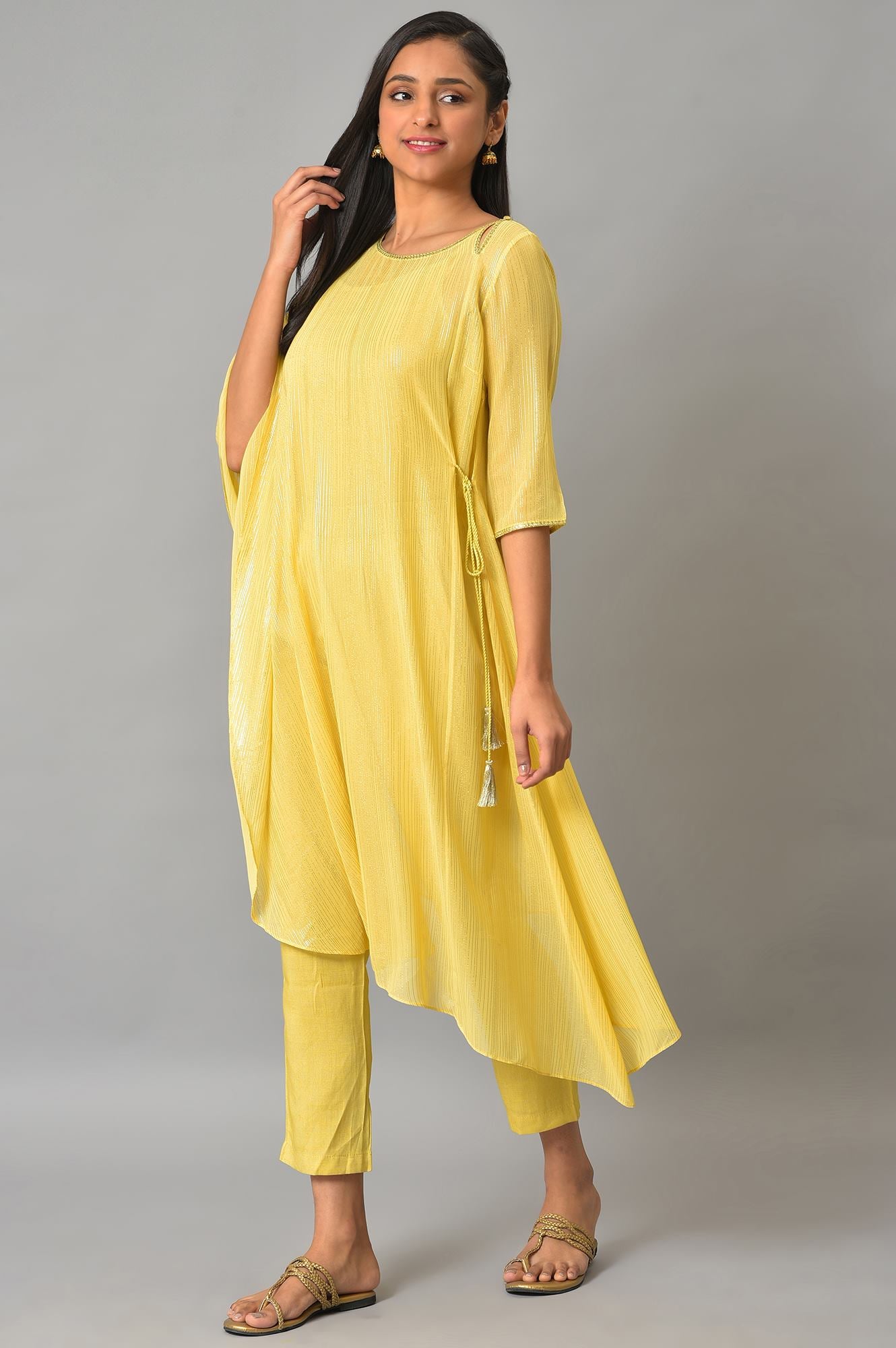 Yellow Assymetric kurta With Inner And Trousers