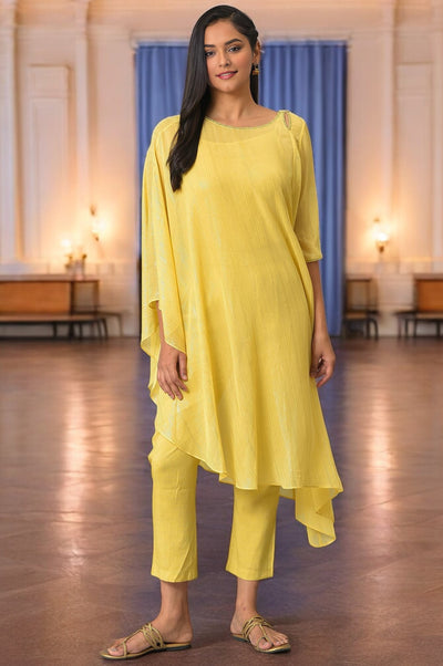 Yellow Assymetric kurta With Inner And Trousers