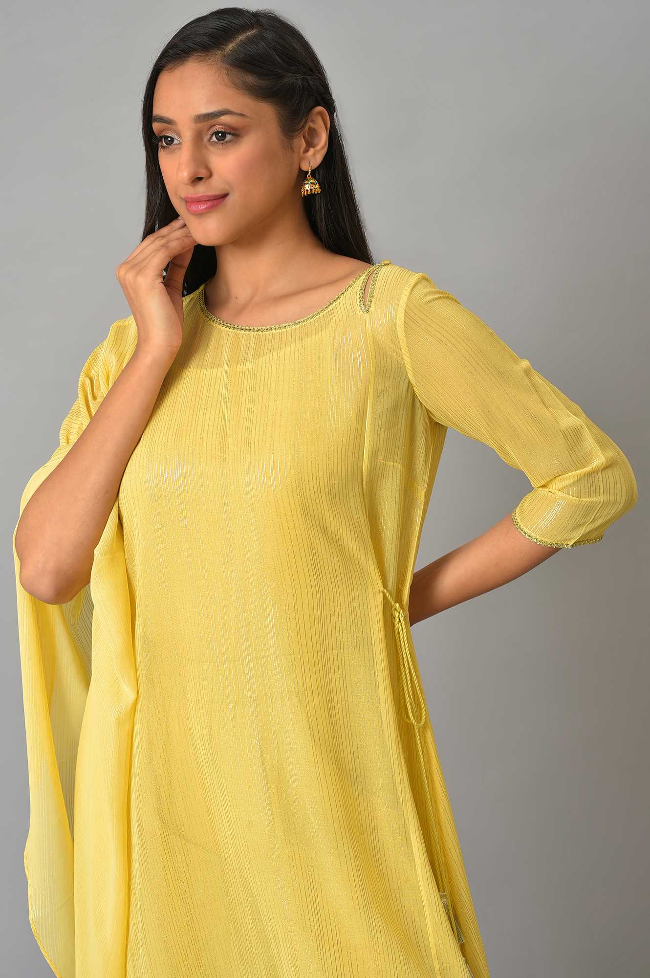 Yellow Assymetric kurta With Inner And Trousers