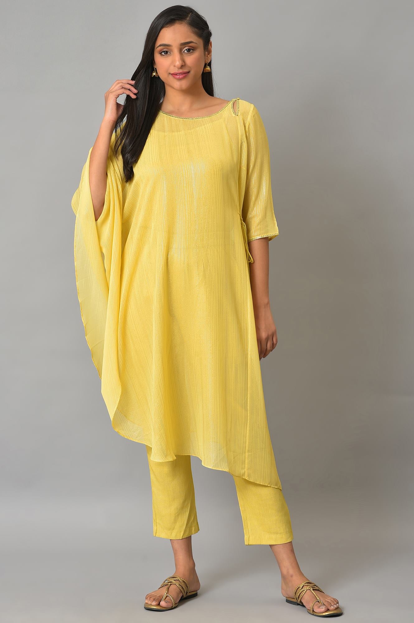 Yellow Assymetric kurta With Inner And Trousers