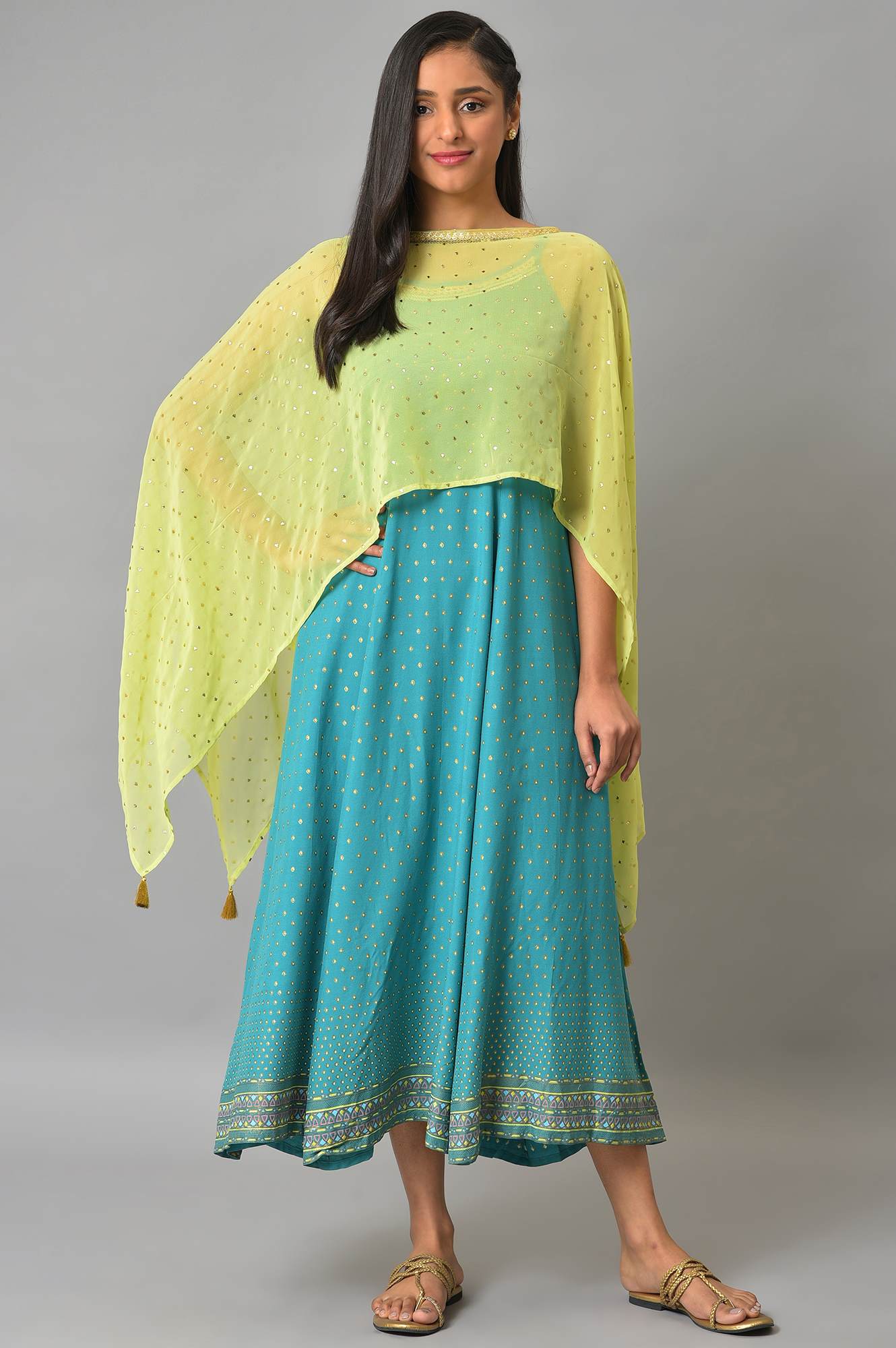 Green Kaftan Sleeves Cape And Sleeveless Dress