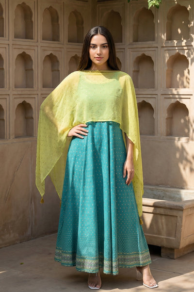 Green Kaftan Sleeves Cape And Sleeveless Dress