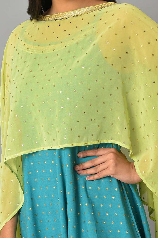 Green Kaftan Sleeves Cape And Sleeveless Dress