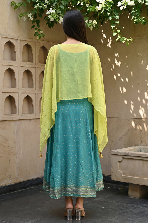Green Kaftan Sleeves Cape And Sleeveless Dress