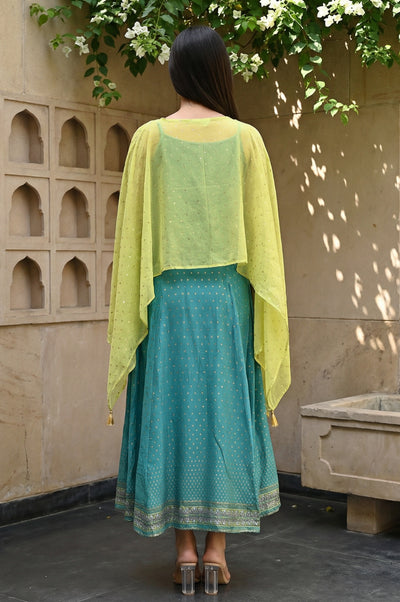 Green Kaftan Sleeves Cape And Sleeveless Dress