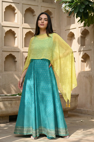 Green Kaftan Sleeves Cape And Sleeveless Dress