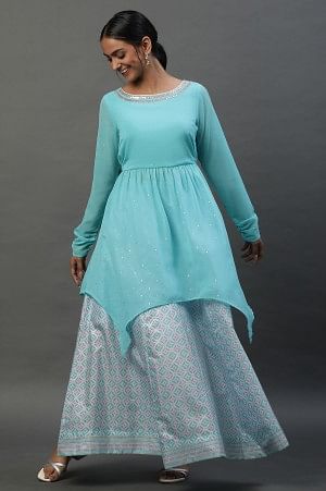 Blue Embellished Handkerchief Hemline Kurti &amp; Skirt Set