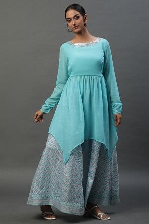 Blue Embellished Handkerchief Hemline Kurti &amp; Skirt Set