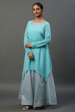 Blue Embellished Handkerchief Hemline Kurti &amp; Skirt Set