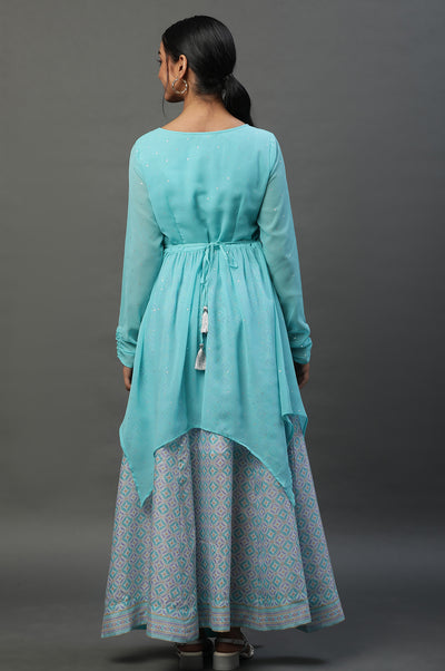 Blue Embellished Handkerchief Hemline Kurti & Skirt Set