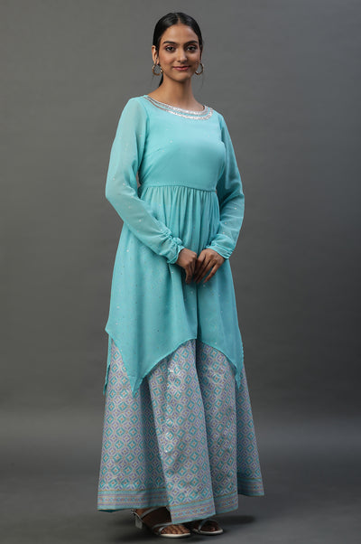 Blue Embellished Handkerchief Hemline Kurti & Skirt Set