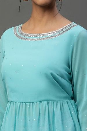 Blue Embellished Handkerchief Hemline Kurti &amp; Skirt Set