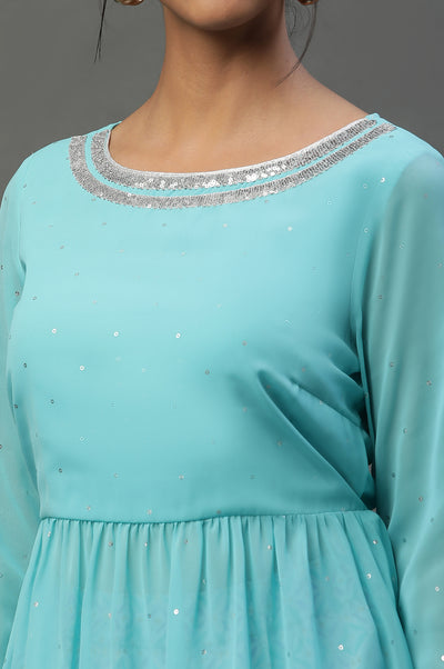 Blue Embellished Handkerchief Hemline Kurti & Skirt Set