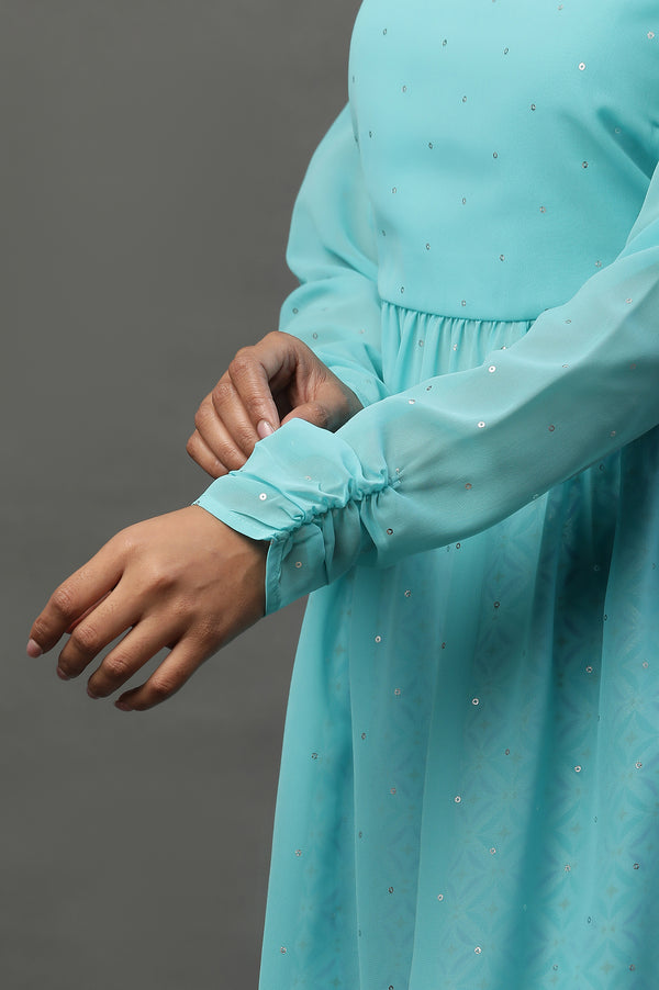 Blue Embellished Handkerchief Hemline Kurti & Skirt Set