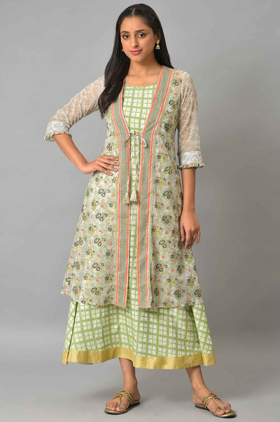 White Sheer Gilet With Green Printed Sleeveless Inner Dress