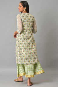 White Sheer Gilet With Green Printed Sleeveless Inner Dress