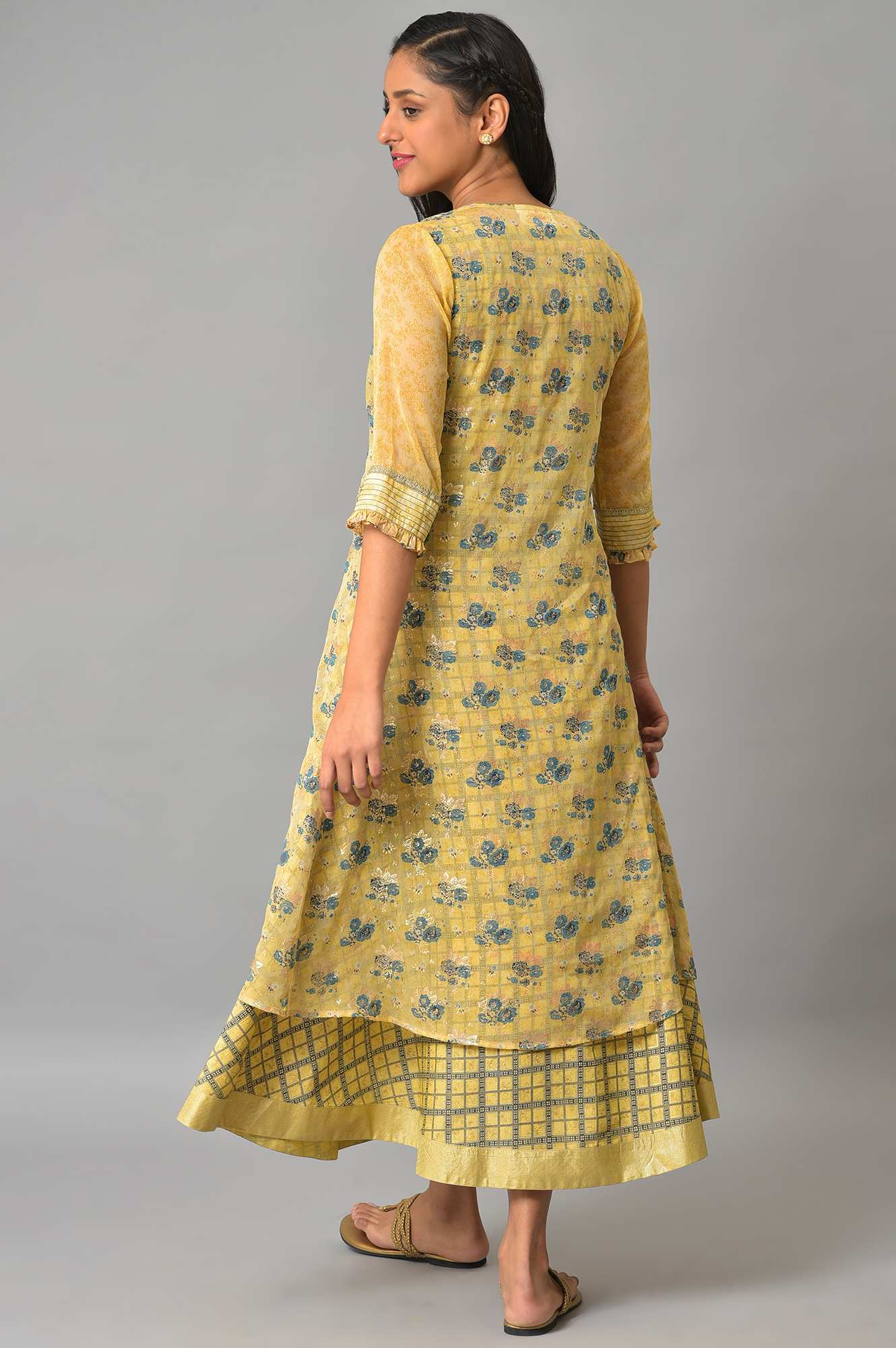 Yellow Sheer Gillet With Printed Sleeveless Inner Dress