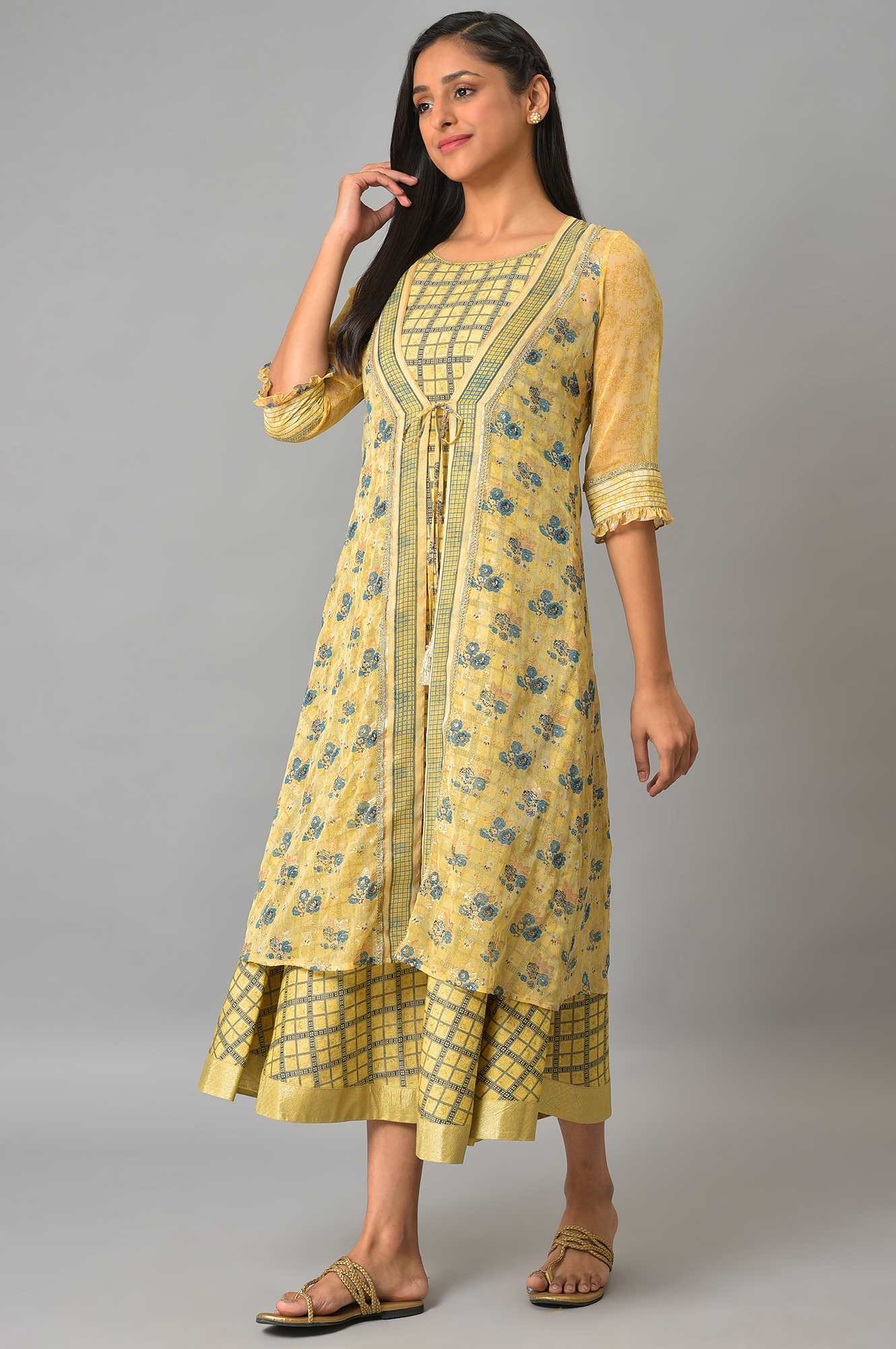 Yellow Sheer Gillet With Printed Sleeveless Inner Dress