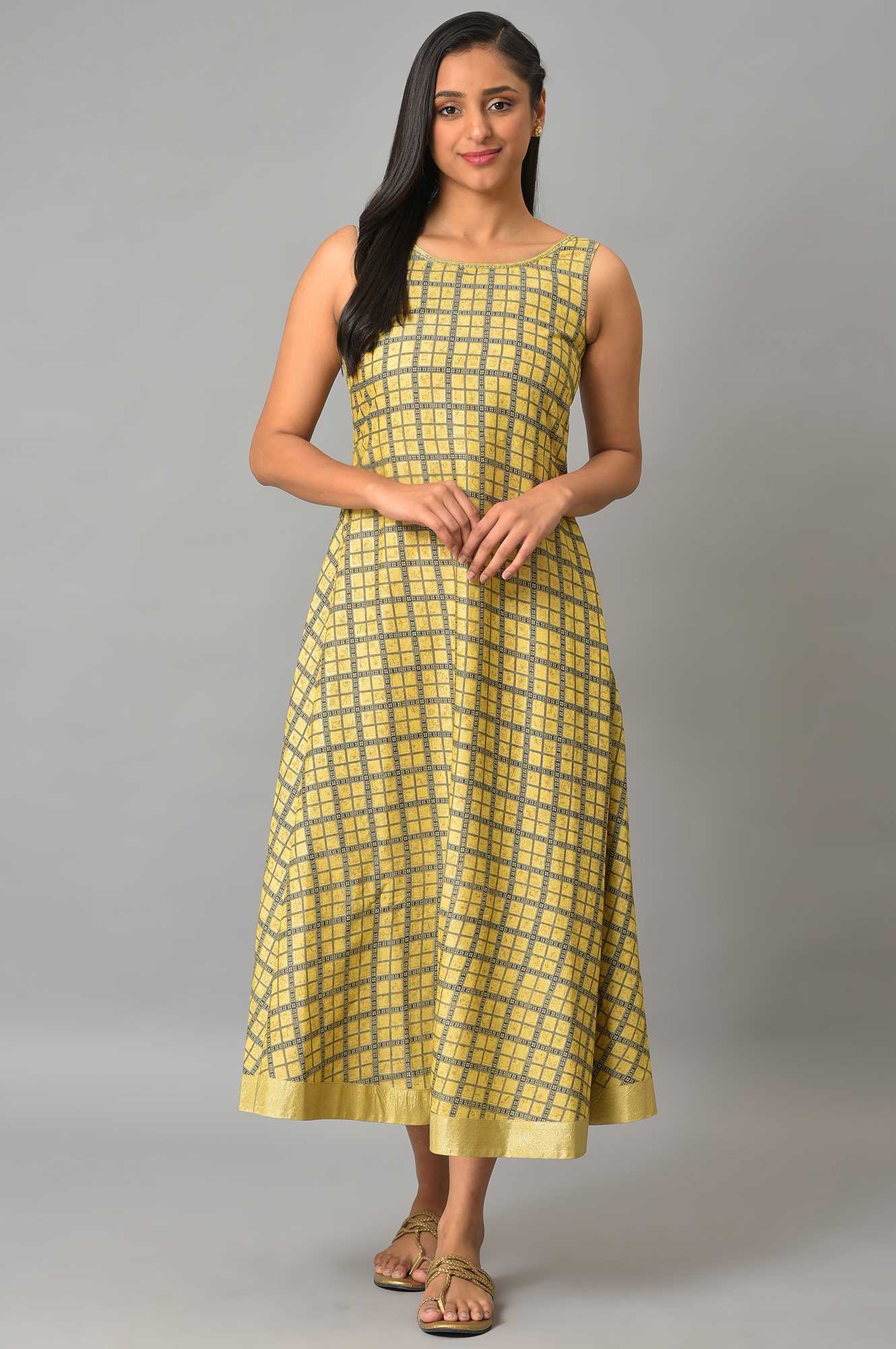 Yellow Sheer Gillet With Printed Sleeveless Inner Dress