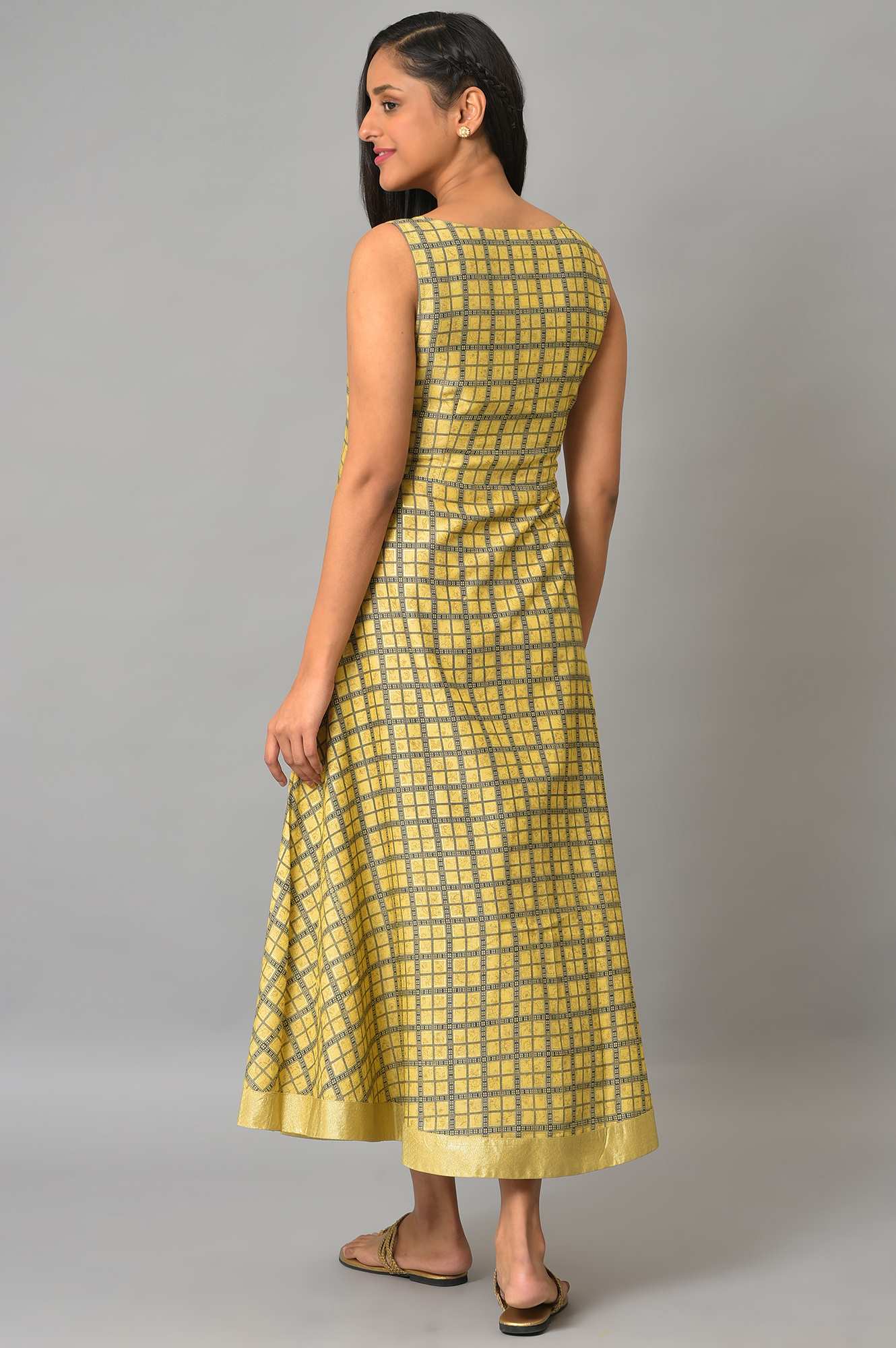 Yellow Sheer Gillet With Printed Sleeveless Inner Dress