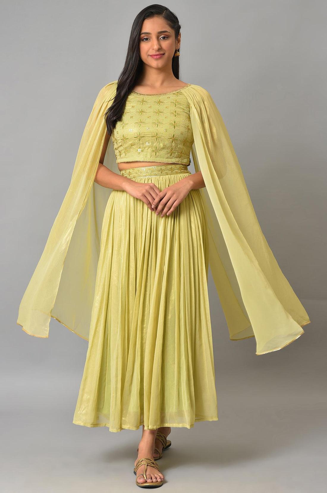 Green Embellished Crop Top And Flared Skirt
