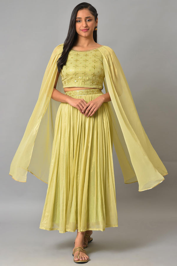 Green Embellished Crop Top And Flared Skirt