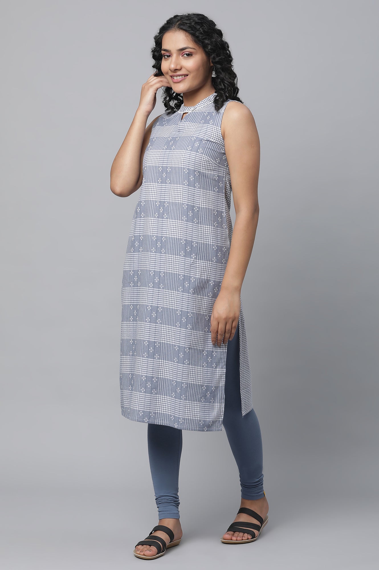 Blue Ghimgham Check kurta &amp; Tights Set