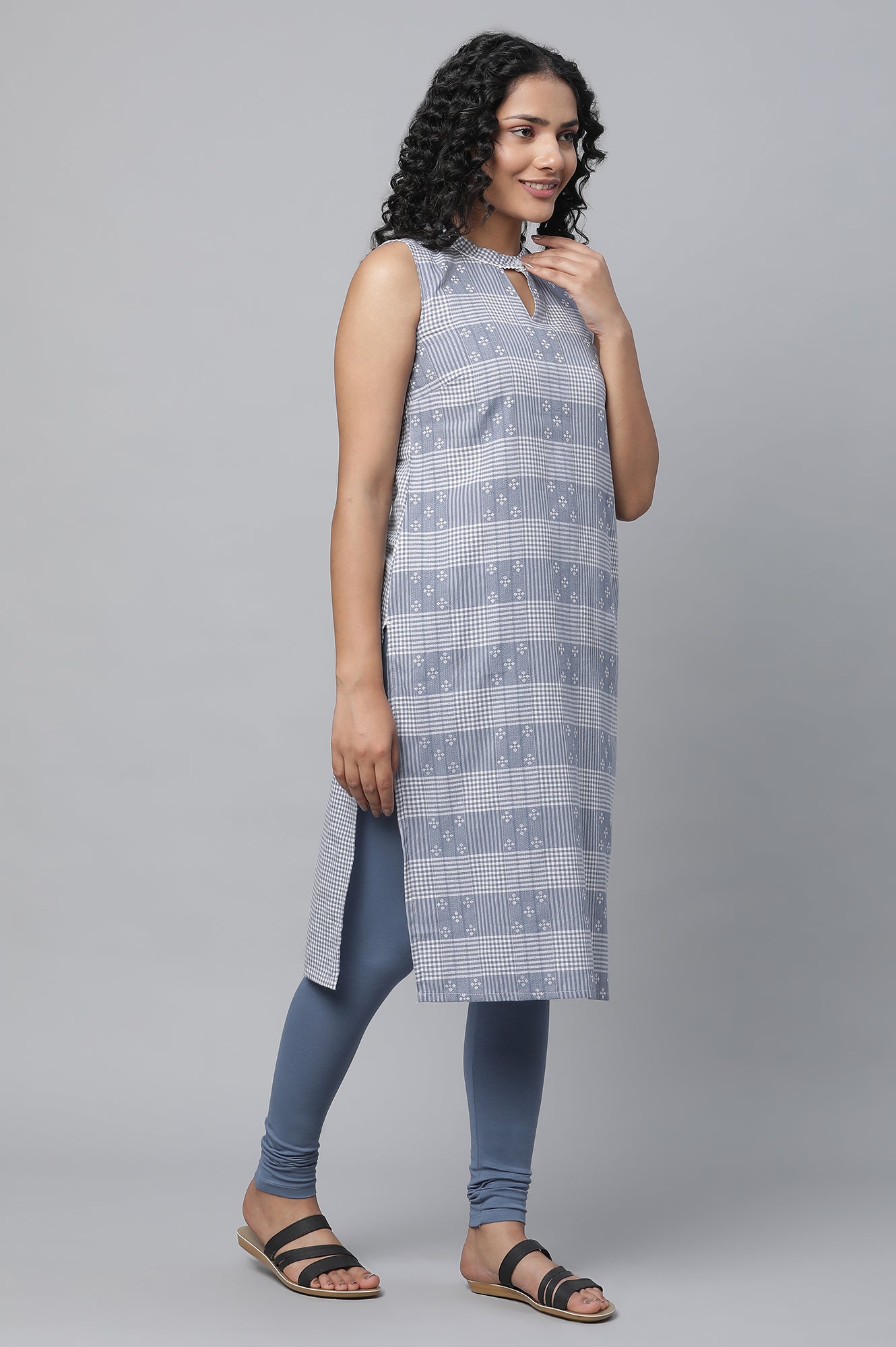 Blue Ghimgham Check kurta &amp; Tights Set