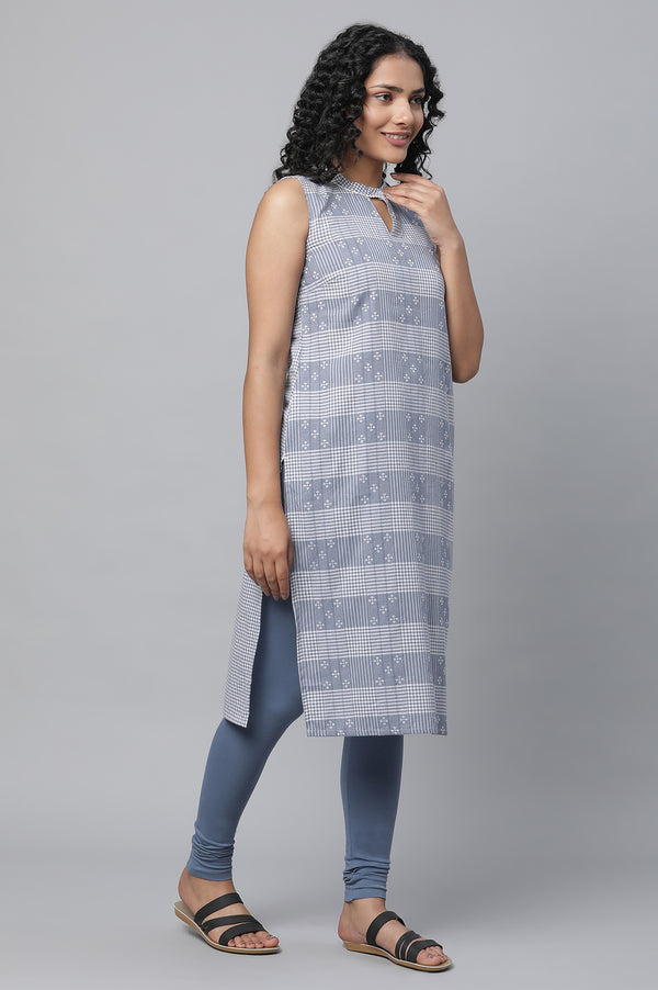 Blue Ghimgham Check kurta & Tights Set