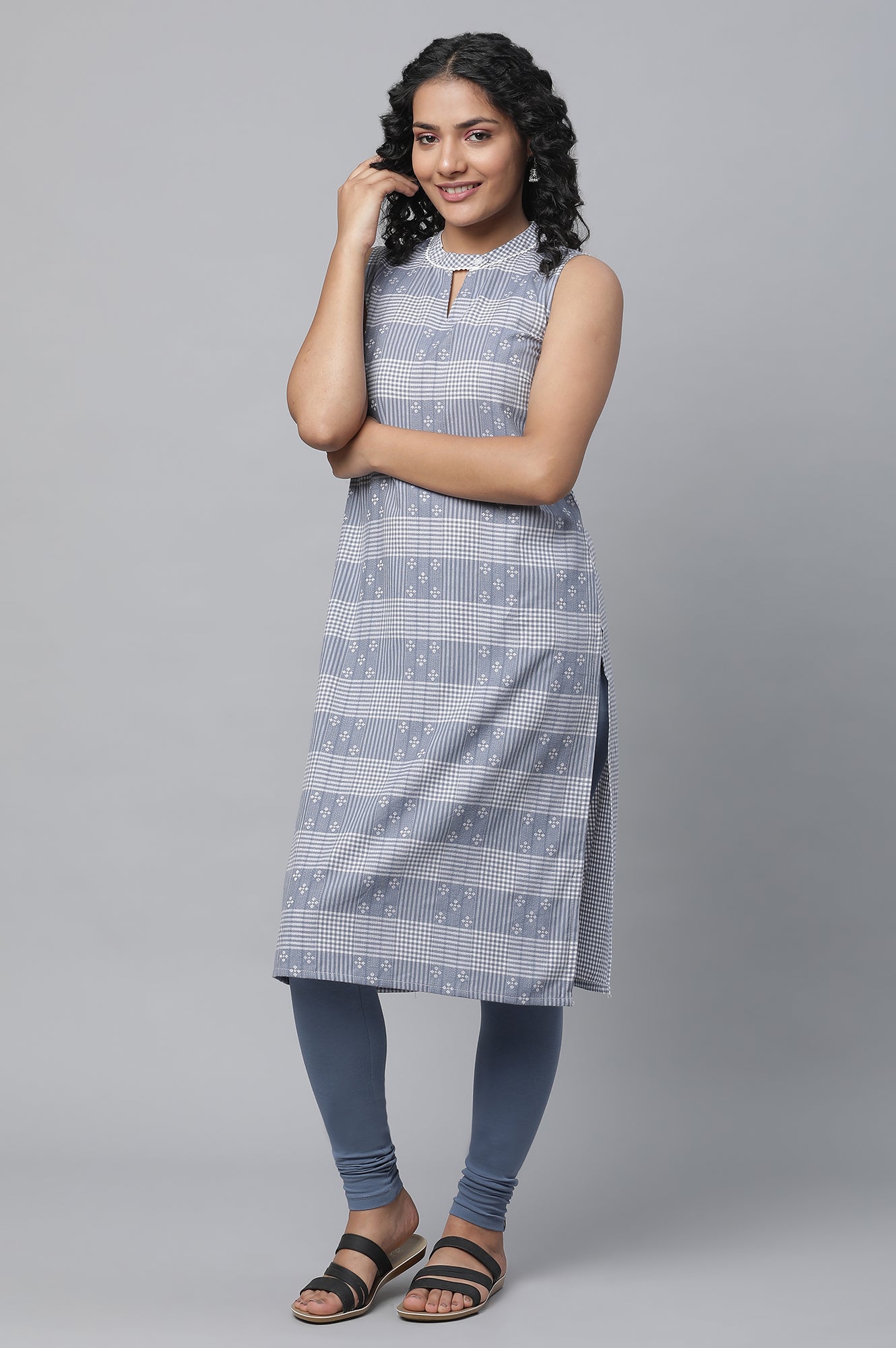 Blue Ghimgham Check kurta &amp; Tights Set