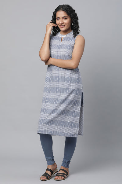 Blue Ghimgham Check kurta & Tights Set