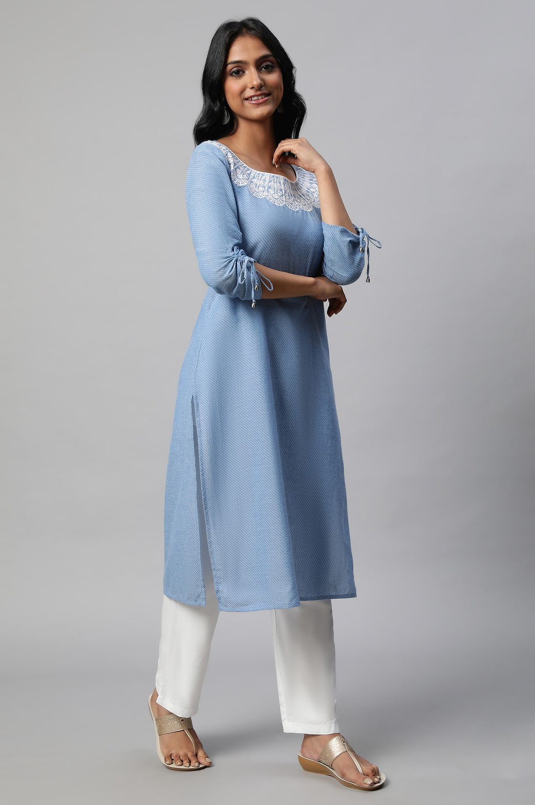 Blue Embroidered Cotton kurta Set