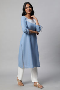 Blue Embroidered Cotton kurta Set