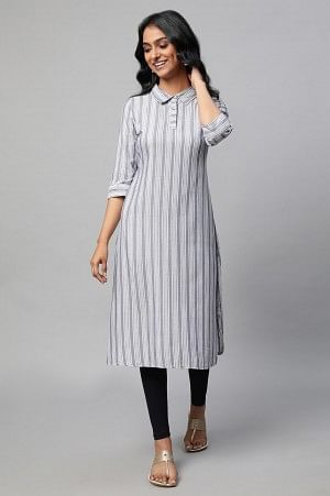 Blue Stripe Print Shirt Collar kurta Set