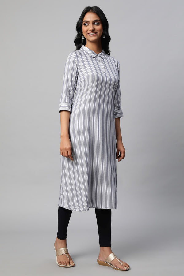 Blue Stripe Print Shirt Collar kurta Set