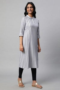 Blue Stripe Print Shirt Collar kurta Set