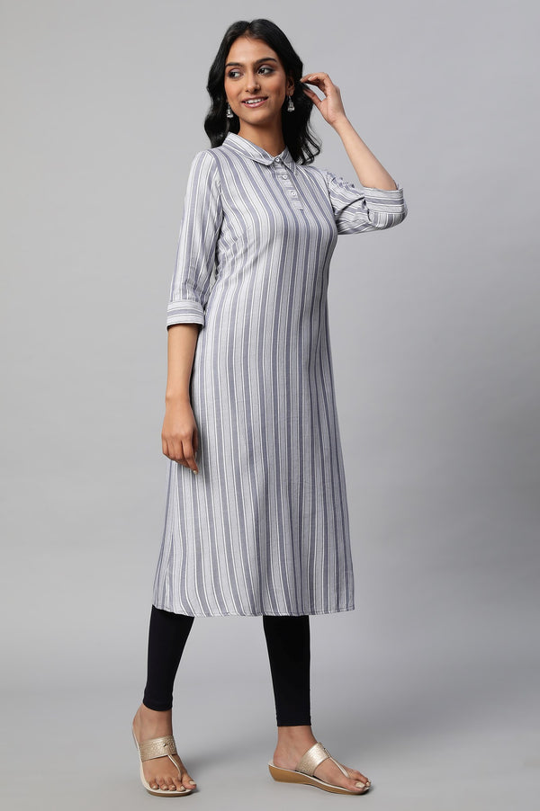 Blue Stripe Print Shirt Collar kurta Set