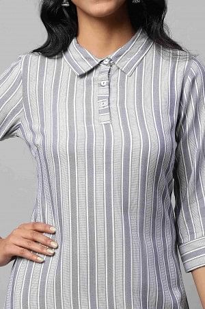 Blue Stripe Print Shirt Collar kurta Set