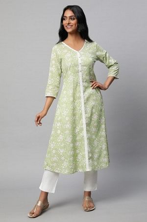 Green Floral Printed A-line kurta Set