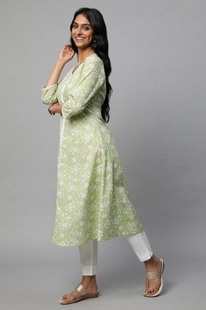 Green Floral Printed A-line kurta Set