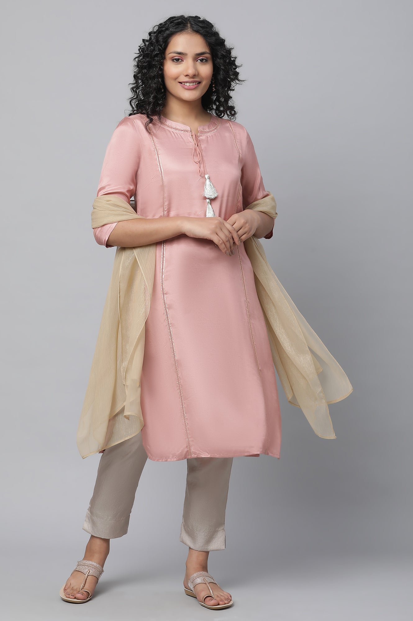 Pink Shantung kurta, Pants &amp; Dupatta Set