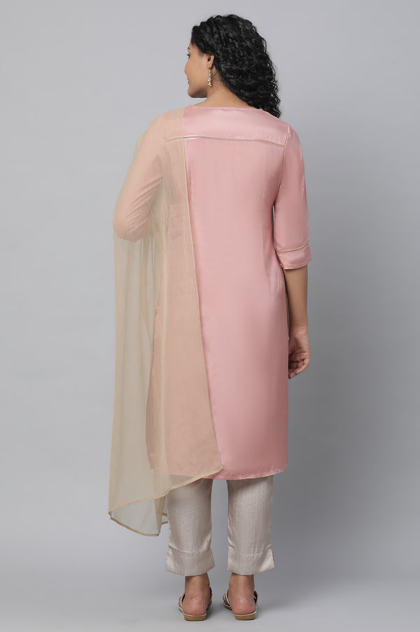 Pink Shantung kurta, Pants & Dupatta Set