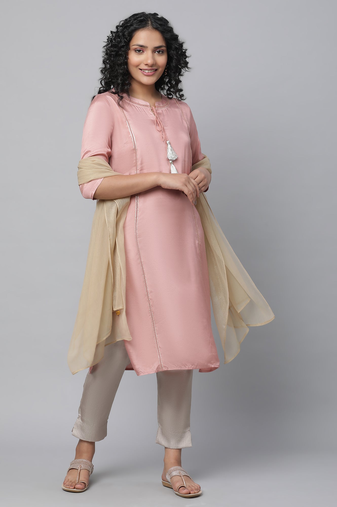 Pink Shantung kurta, Pants &amp; Dupatta Set