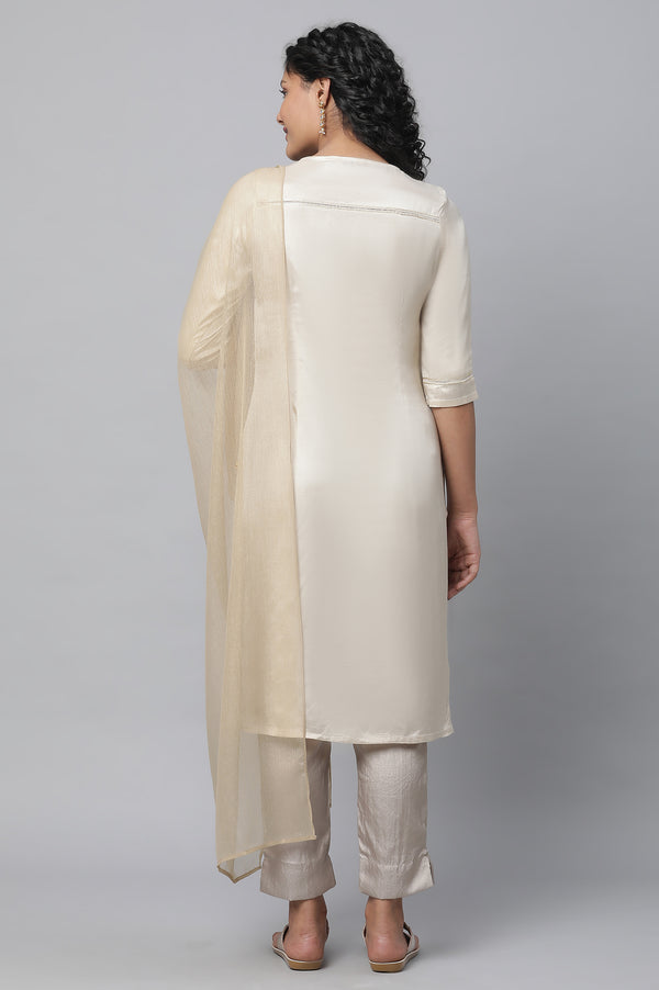 Off-White Shantung kurta, Pants & Dupatta Set